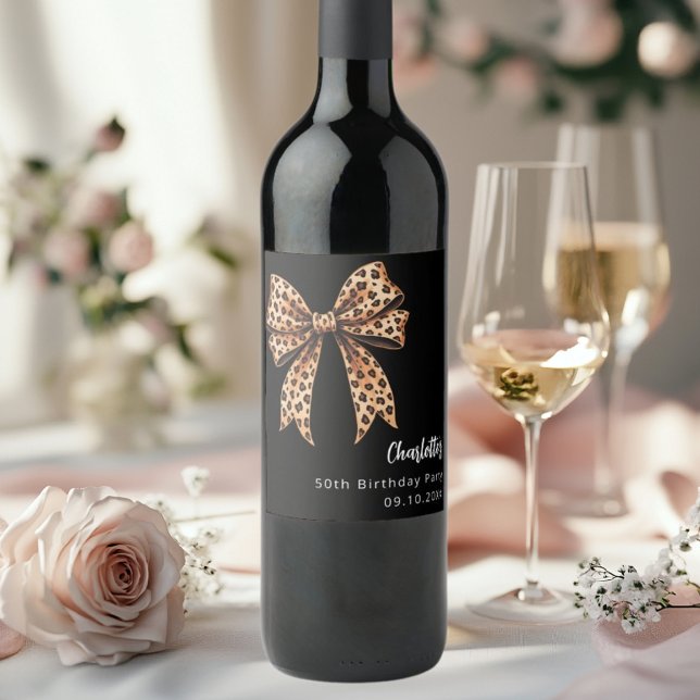 Bow leopard print black birthday wine label (Creator Uploaded)