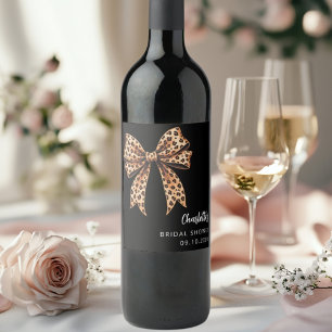 Bow leopard print black Bridal Shower Wine Label