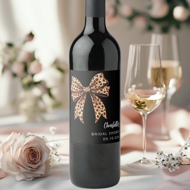 Bow leopard print black Bridal Shower Wine Label (Creator Uploaded)