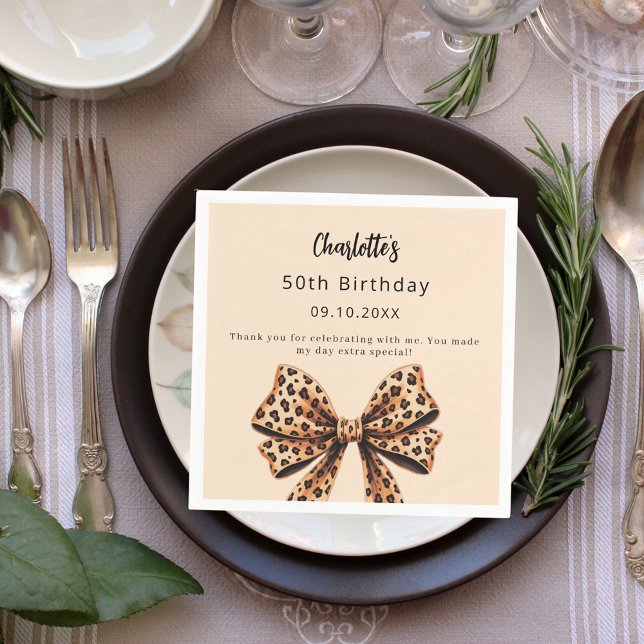 Bow leopard print brown beige Birthday Napkin (Creator Uploaded)