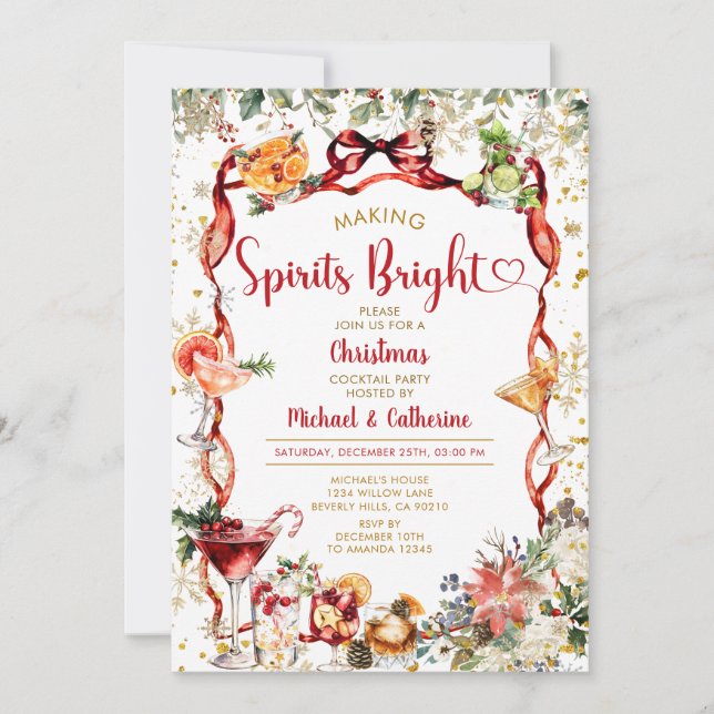 Bow Making Spirits Bright Christmas Cocktail party Invitation (Front)