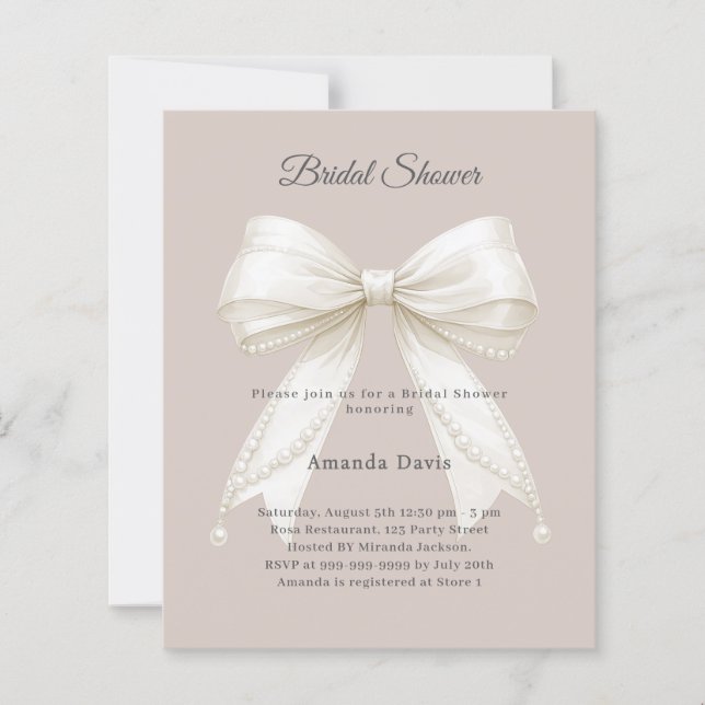 Bow mocha ivory pearls Bridal Shower invitation (Front)
