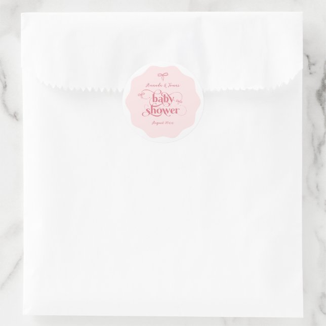 Bow Modern Minimalist Wavy Pink Girl Baby Shower Classic Round Sticker (Bag)