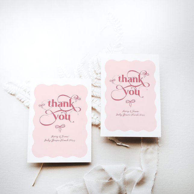 Bow Modern Minimalist Wavy Pink Girl Baby Shower Thank You Card (Creator Uploaded)