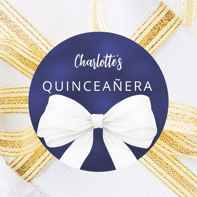Bow navy blue white Quinceanera Classic Round Sticker (Creator Uploaded)