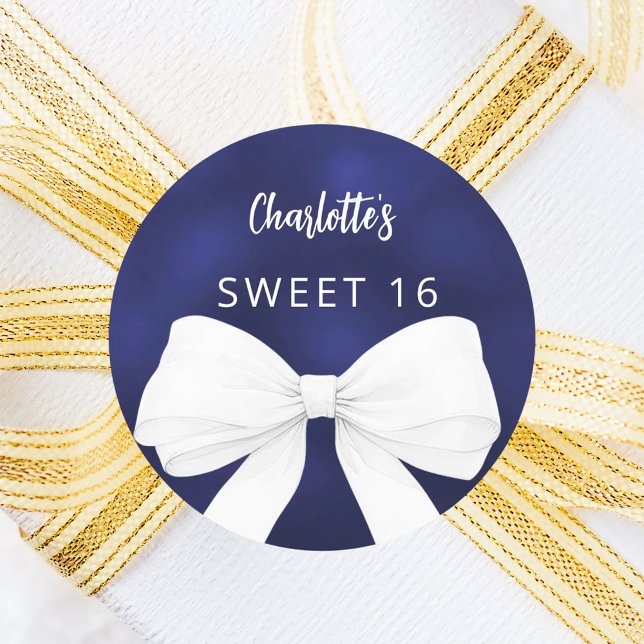 Bow navy blue white Sweet 16 Classic Round Sticker (Creator Uploaded)
