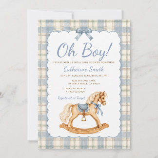 Bow Oh Boy Rocking Horse Blue Plaid Baby Shower Invitation