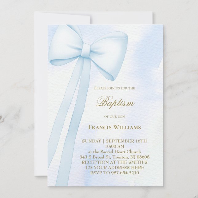 bow on blue watercolor | Baptism Invitation (Front)