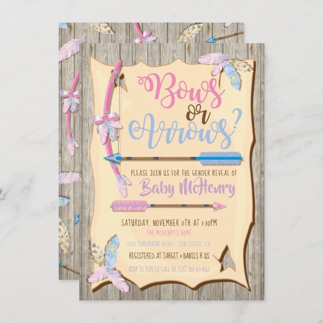 Bow or Arrows Gender Reveal Baby Shower Invitation (Front/Back)