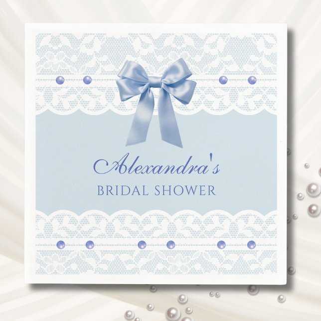 Bow Pearls Lace Something Blue Bridal Shower Napkin (Creator Uploaded)