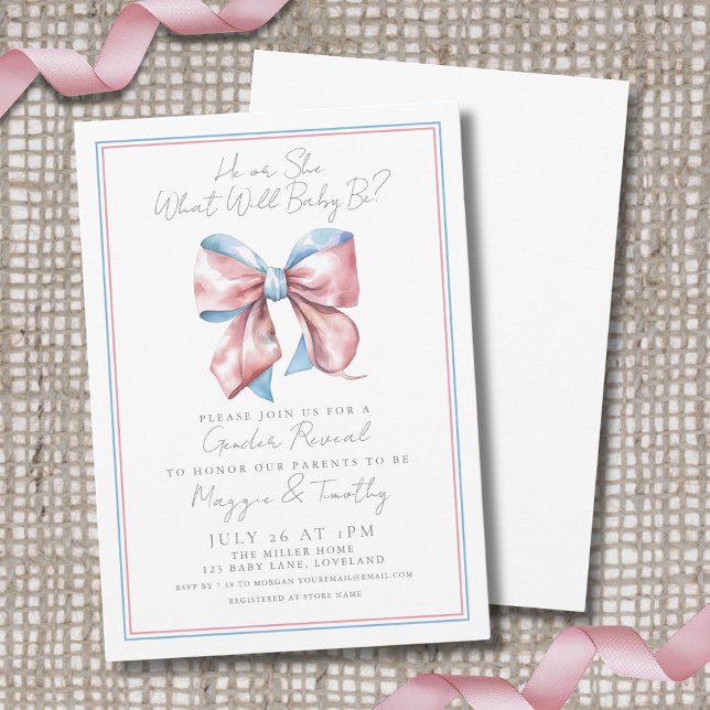 Bow Pink And Blue Gender Reveal Invitation (Bow Pink And Blue Gender Reveal Invitation )