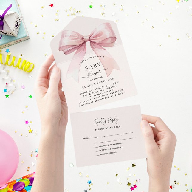 Bow pink beige cream girl BABY Shower rsvp All In One Invitation (Creator Uploaded)