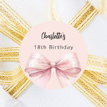 Bow pink Birthday Classic Round Sticker<br><div class="desc">A blush pink coloured background. Decorated with a large bow.  Personalise and add a name. Black handwritten style script.</div>