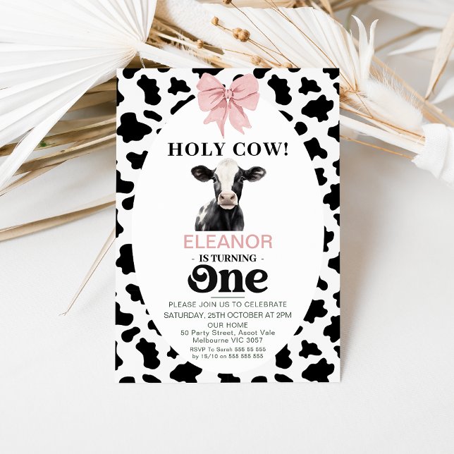 Bow Pink Black Cow Print Holy Cow 1st Birthday Invitation (Holy Cow 1st Birthday Invitation Template, Black White Cow Print, Cow Themed 1st Birthday Invitation)