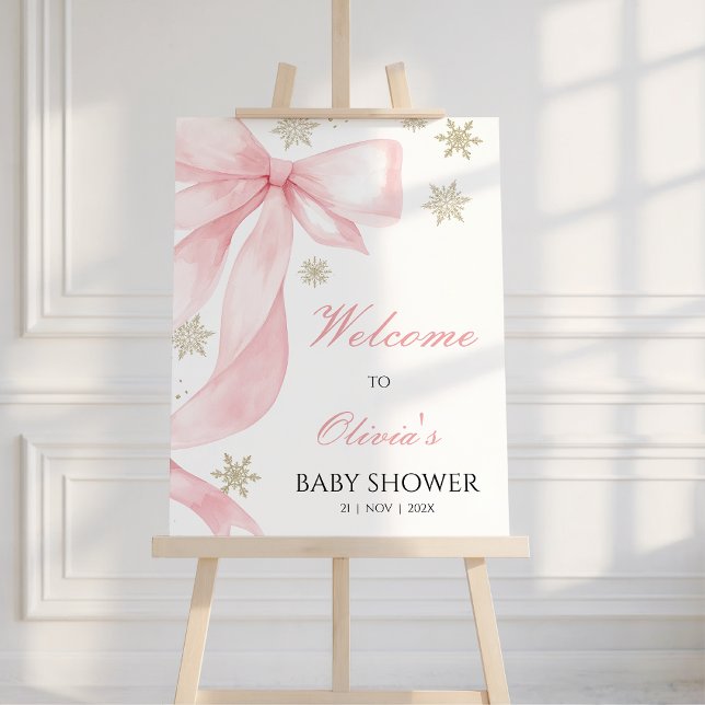 Bow Pink Cold Outside Baby Shower Welcome Sign (Coquette Bow Baby Shower Welcome Poster baby It's Cold Outside, Bow Snowflakes Baby Shower Welcome )