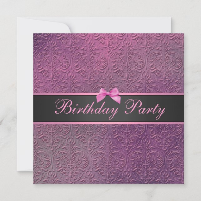 Bow & Pink Damask Birthday Invite (Front)