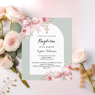 Bow pink floral arch sage green baptism invitation