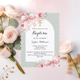Bow pink florals arch cross sage green baptism invitation