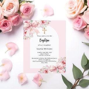Bow pink florals arch girl baptism invitation