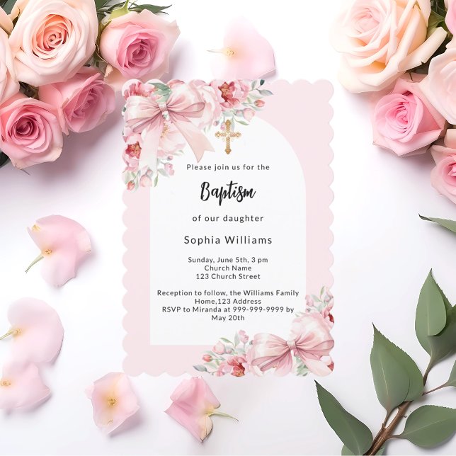 Bow pink florals arch gold cross girl baptism invitation (Creator Uploaded)
