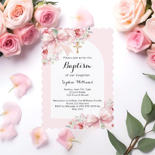 Bow pink florals arch gold cross script baptism invitation
