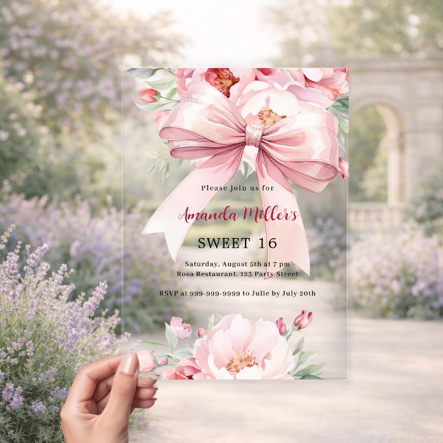 Bow pink florals clear Sweet 16 Acrylic Invitations (Creator Uploaded)
