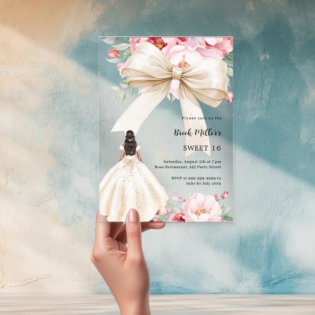 Bow pink florals dress cream clear Sweet 16 Acrylic Invitations (Creator Uploaded)