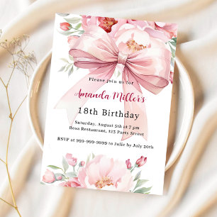 Bow pink florals elegant birthday invitation