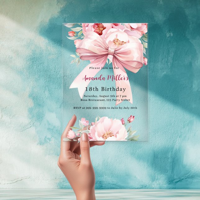 Bow pink florals elegant clear birthday acrylic invitations (Creator Uploaded)
