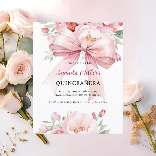 Bow pink florals Quinceanera invitation (Creator Uploaded)
