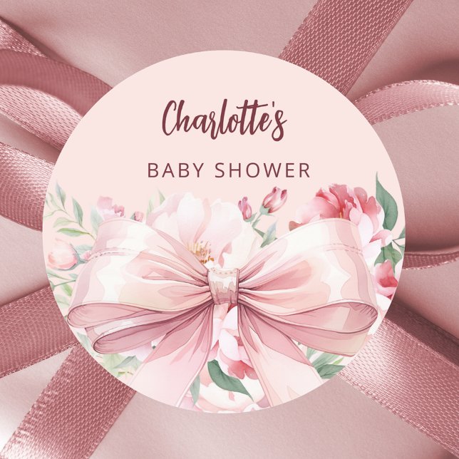 Bow pink florals roses Baby Shower Classic Round Sticker (Creator Uploaded)