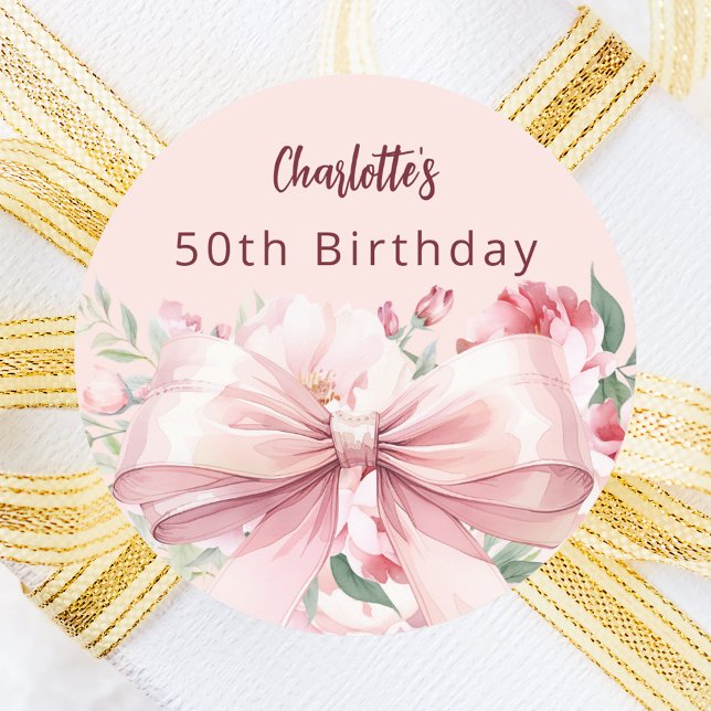 Bow pink florals roses birthday classic round sticker (Creator Uploaded)