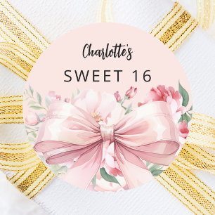 Bow pink florals Sweet 16 Classic Round Sticker
