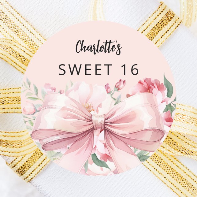 Bow pink florals Sweet 16 Classic Round Sticker (Creator Uploaded)