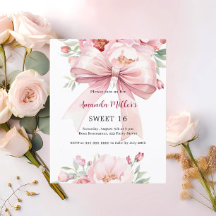 Bow pink florals Sweet 16 invitation