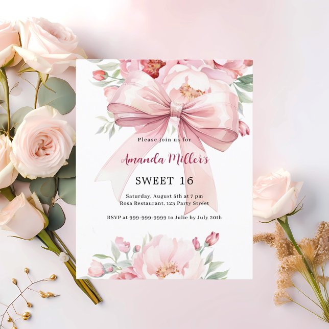 Bow pink florals Sweet 16 invitation (Creator Uploaded)