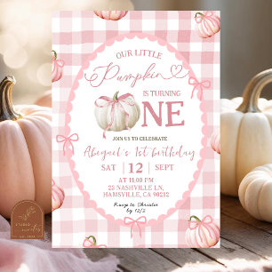 Bow Pink Gingham Pumpkin 1st Birthday Invitation