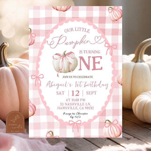 Bow Pink Gingham Pumpkin 1st Birthday Invitation (Creator Uploaded)