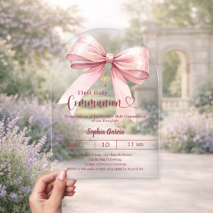 Bow pink girl arch luxury clear First Communion Acrylic Invitations