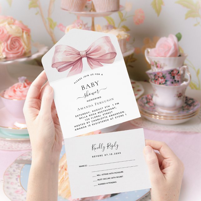 Bow pink girl BABY Shower rsvp All In One Invitation (Creator Uploaded)