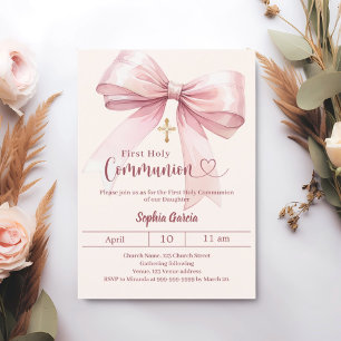 Bow pink girl cream elegant First Communion Invitation