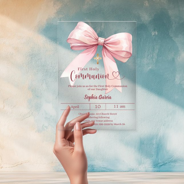 Bow pink girl elegant luxury clear First Communion Acrylic Invitations (Creator Uploaded)