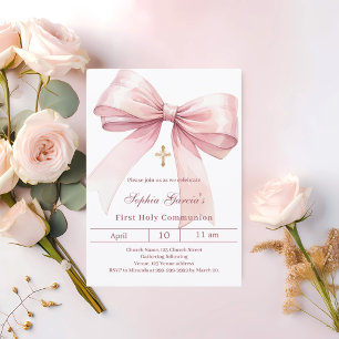 Bow pink girl First Communion Invitation