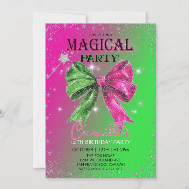  Bow pink & green magical Birthday Party  Invitation (Front)