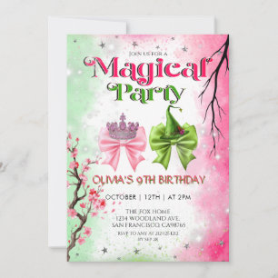 Bow pink & green Magical Witchy Birthday Invitation