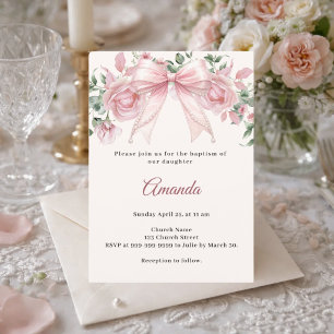Bow Pink Ivory Florals Girl Elegant Baptism Invitation