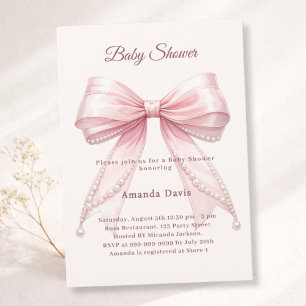 Bow pink ivory pearls elegant girl Baby Shower Invitation