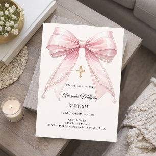 Bow Pink Ivory Pearls Girl Elegant Baptism Invitation