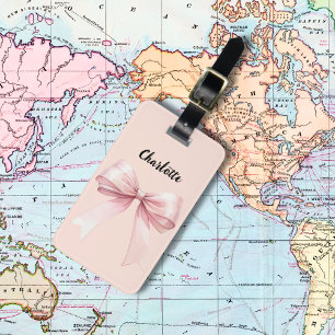 Bow pink name script luggage tag