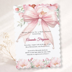 Bow pink pearls florals girl elegant Baby Shower Invitation